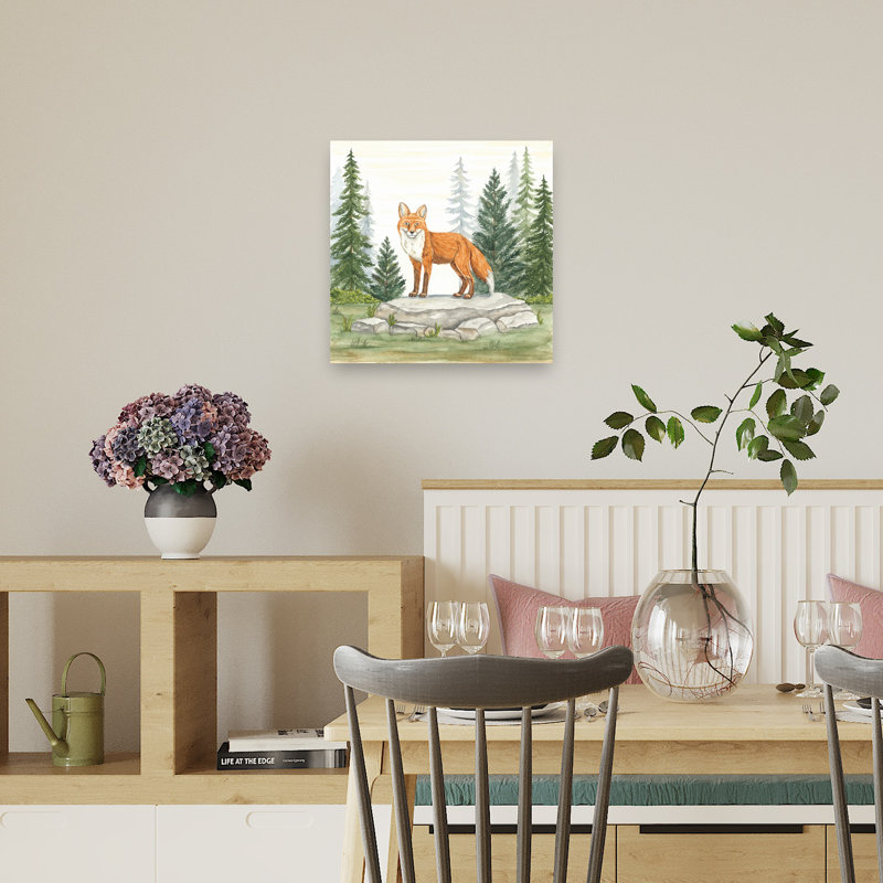 Renard dans la forêt, paysage contemporain abstrait, art mural, 18" H x 18" W
