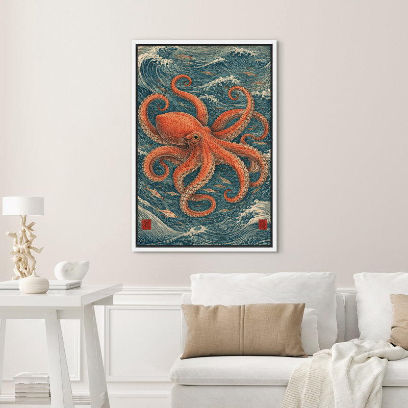 «Vintage Style Octopus Ocean Illustration Nautical Art Wall Art Decor», reproduction encadrée sur toile, H 24 po x l 16 po
