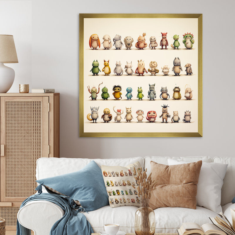 «Gray Childrens Monsters Nursery Motif III», reproduction d'art sur toile, Cadre doré simple, H 16 po x l 16 po x P 1 po
