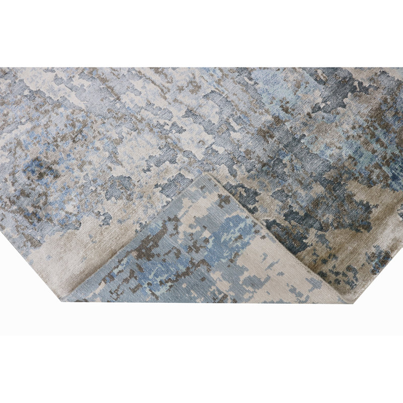Tapis gris et bleu noué à la main de haute qualité, Rectangle 10 pi x 14 pi