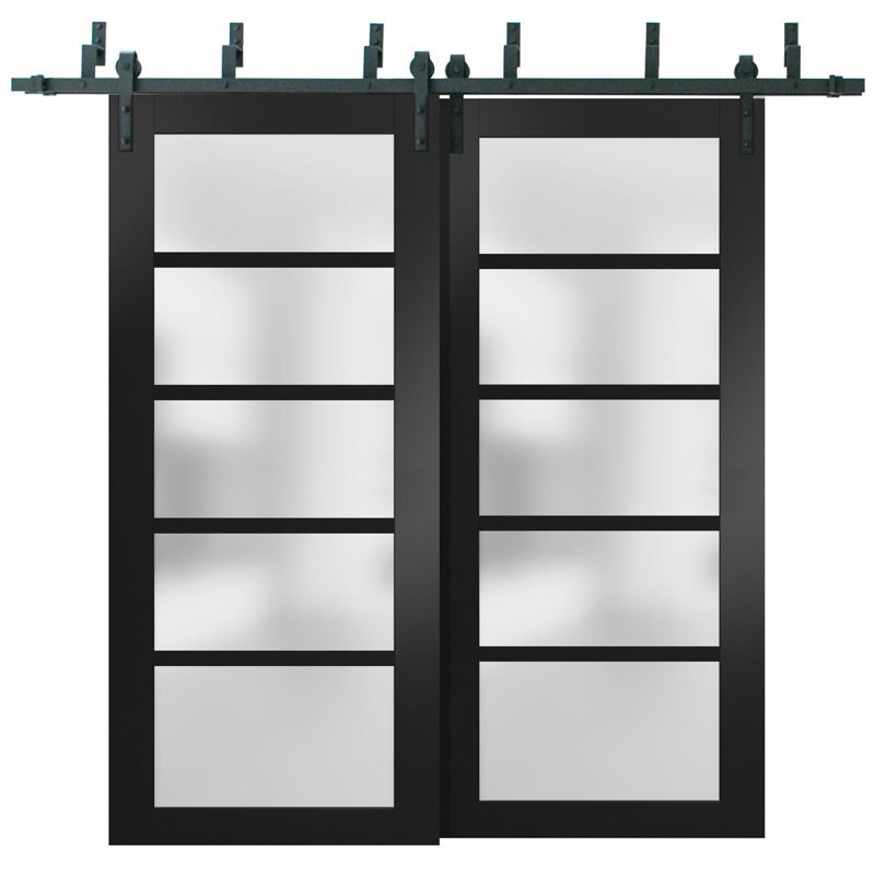 Matte Black Solid Core Frosted Glass Barn Bypass Doors 64 x 80 Inches