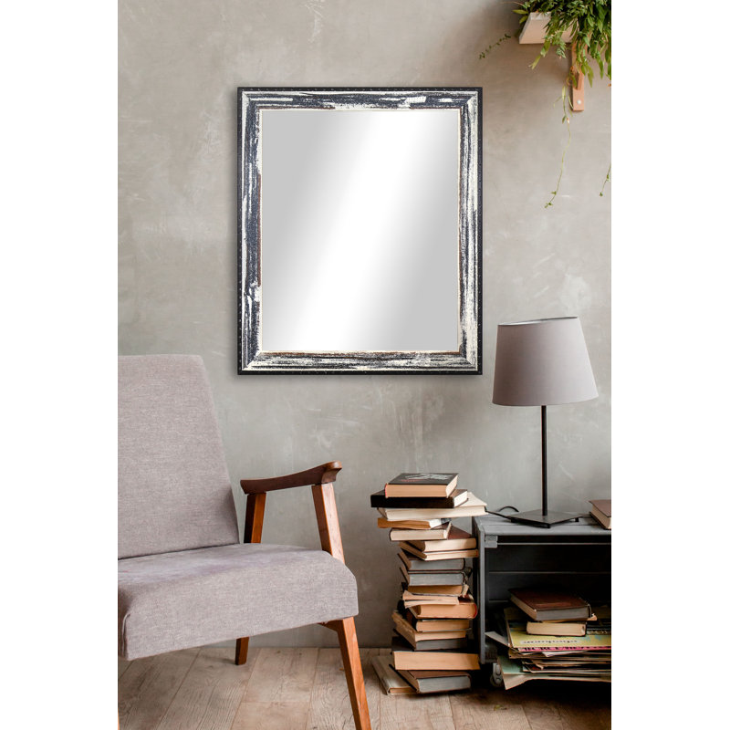 Solid Wood Flat Wall Mirror, 32" H x 20" W, Weathered Whitewash/Dark Rivet