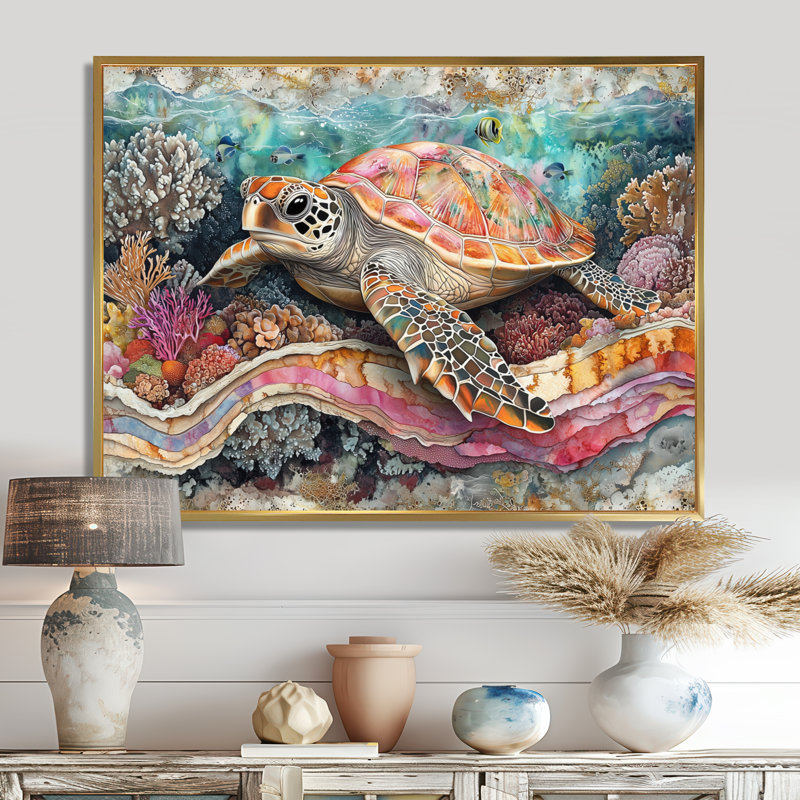 Cornellia Aquarium Turtle Coral Sanctuary III - art mural tortue pour le salon, Doré, H 30 po x l 40 po