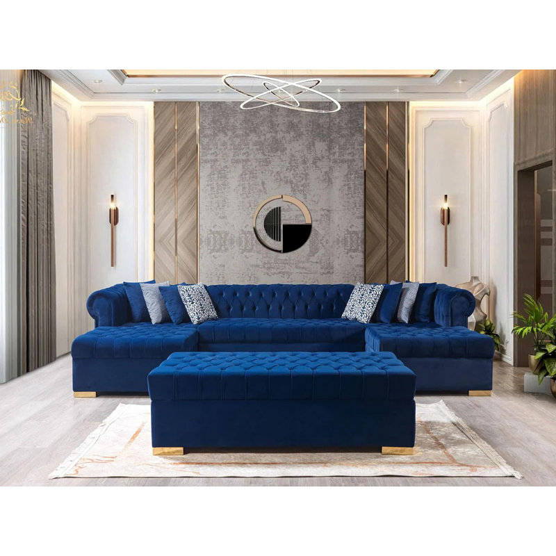 Canapé modulaire et repose-pieds Jelinek, Velours bleu marine
