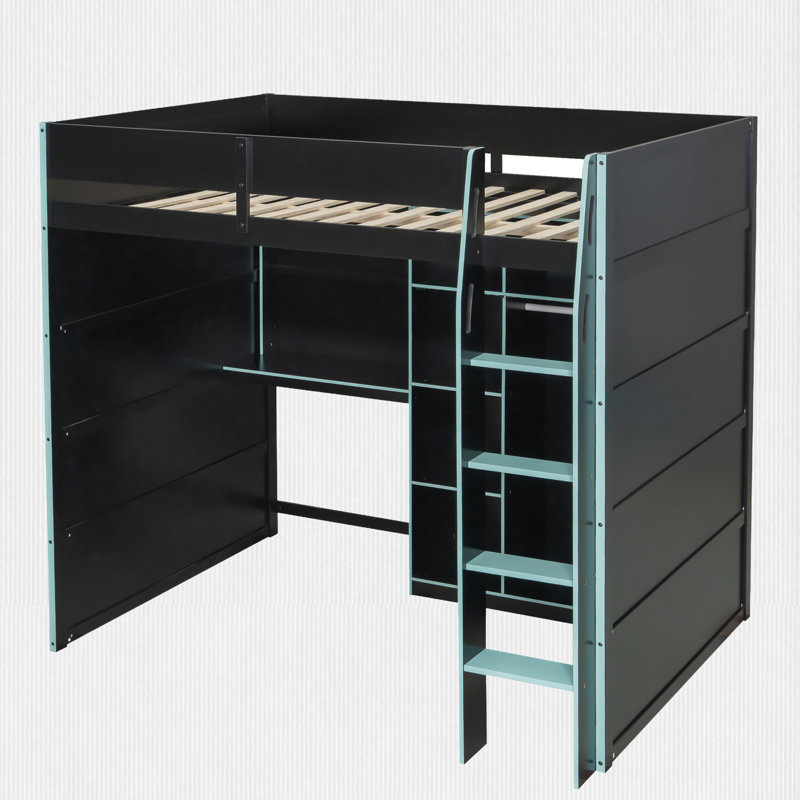 Lit mezzanine double avec bureau intégré, Bleu