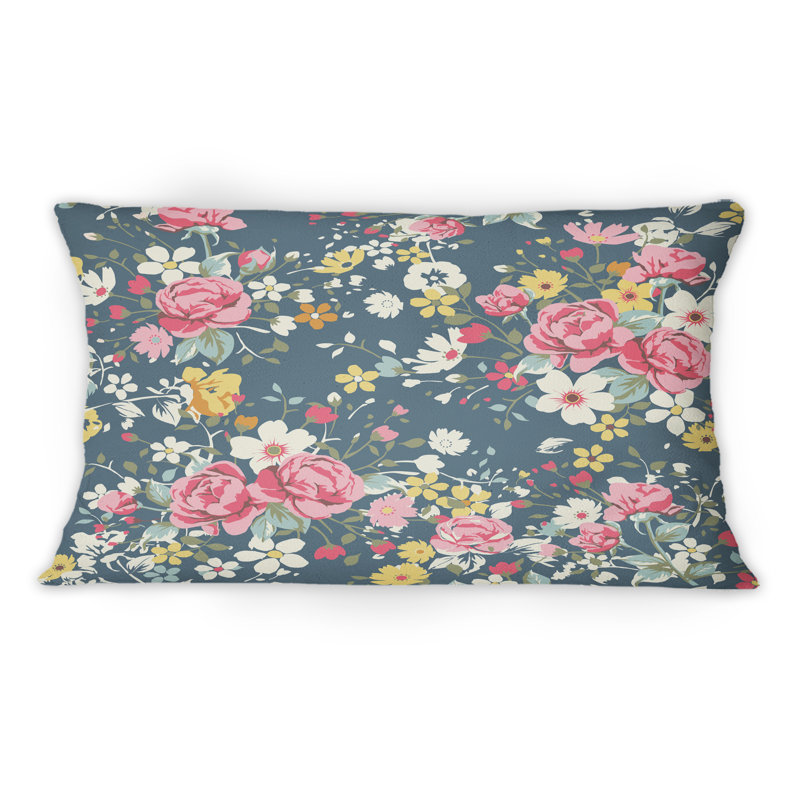 Coussin décoratif rétro imprimé roses et jaune sur bleu marine rétro
