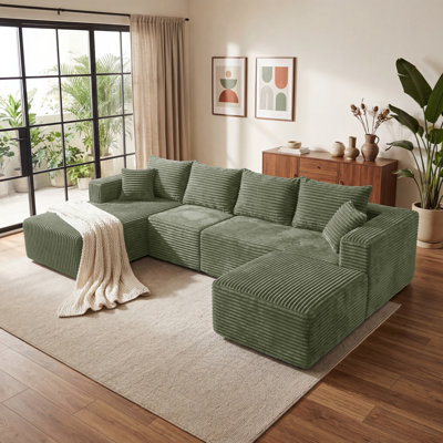 Canapé modulaire en U à compression, canapé modulaire avec tissu en flanelle, support à ressorts ensachés, housses amovibles, fond antidérapant, aucun assemblage requis, pour le salon, vert