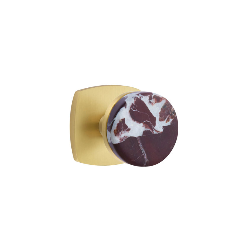 Emtek Select Privacy Knobset w/ Urban Modern Rosette & Conical Stem, Rosso Levanto Marble Knob, Satin Brass