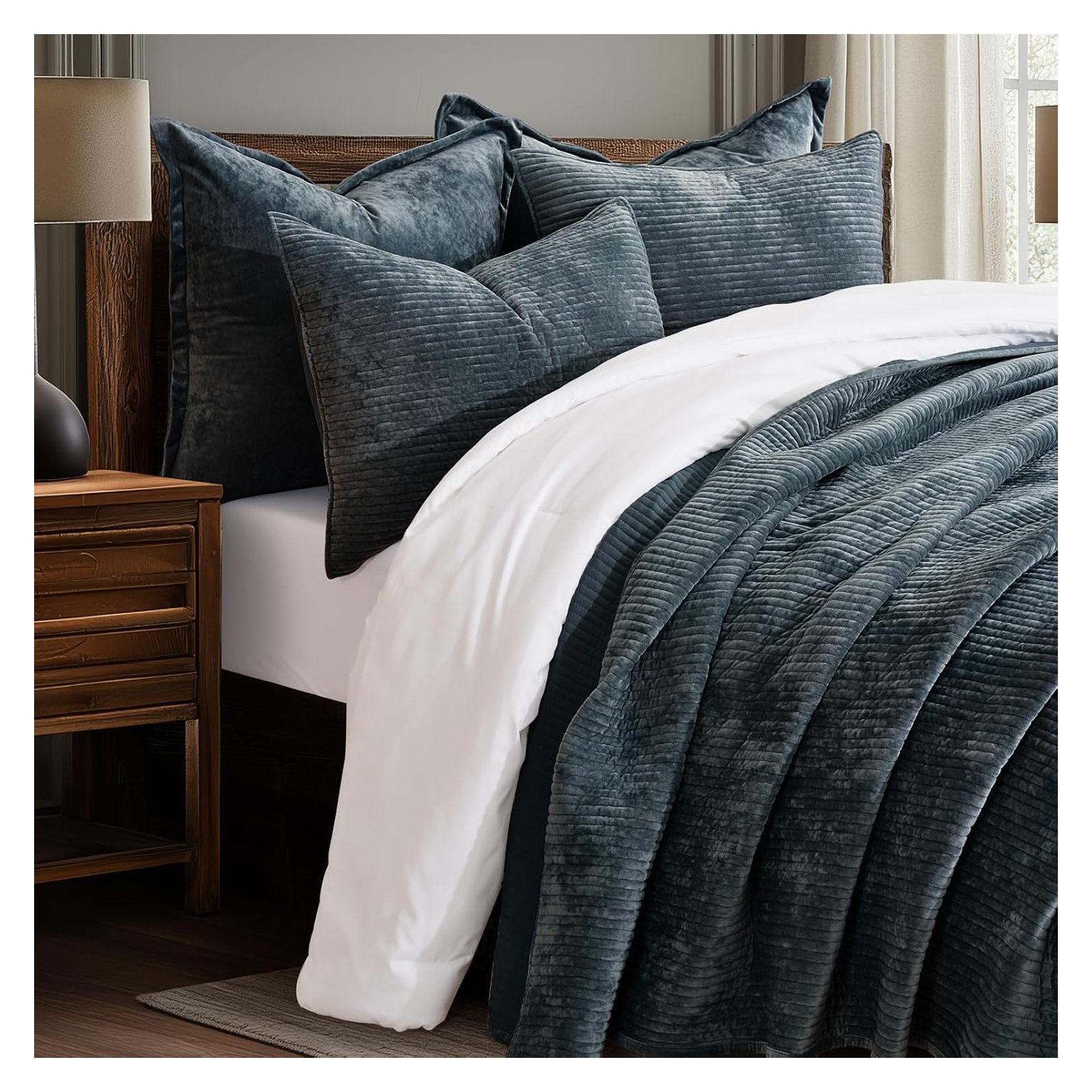 Striped Channel Velvet Quilt Set, King, Midnight Blue