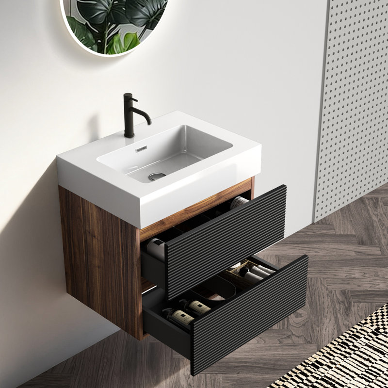 Meuble-lavabo de salle de bain, lavabo à quartz mural de 24 po, lavabo à quartz d'ingénierie, tiroirs doubles, conception de style Mid-Century, planches de classe E1, laque E0, poignée cachée pour les personnes âgées avec panneaux noirs, fermeture à 50000