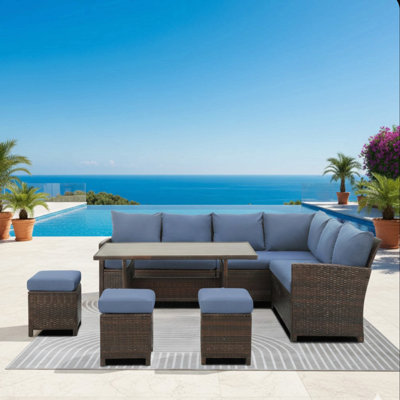 7 Piece Wicker Patio Dining Set, 9-Seat Outdoor Sectional Cushions Sofa With Ottomans & Dining Table Porch Backyard Garden