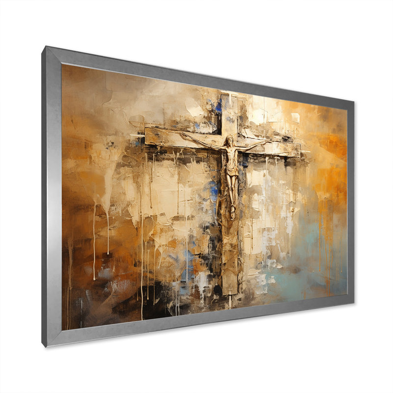 Croix de minimalisme religieuse dorée I, H 34 po x l 44 po x P 1,5 po, Cadre simple argenté
