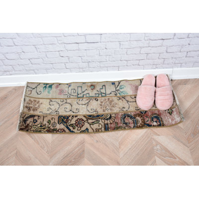 Handmade Vintage Turkish Runner Rug in Beige With Pastel Floral Pattern for Unique Home Decor