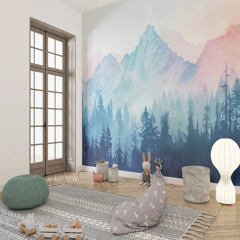 Misty Alpine Forest Mountainscape, 96" L x 108" W