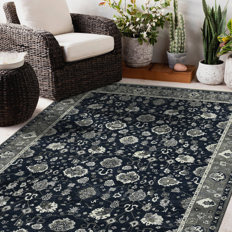 Tapis bleu en laine noué à la main Rozlynn, Rectangle de 10 pi x 14 pi
