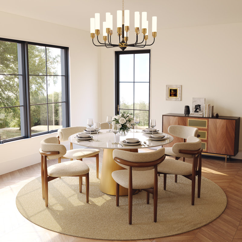 Table de salle à manger Teferi, H 29,53 po x L 59,06 po x l 59,06 po, Blanc lustré, Bronze