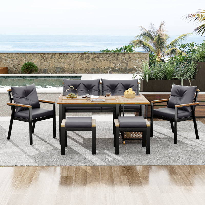 6 - Person Solid Wood Patio Dining Set Rectangular Table, Grey, Black