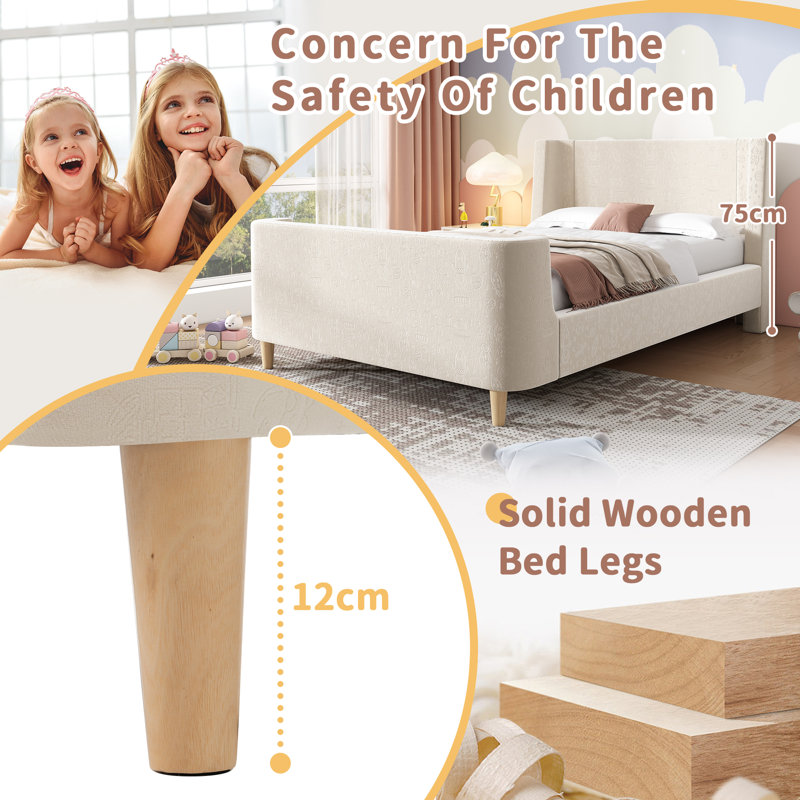 3FT Velvet Upholstered Bed, Beige