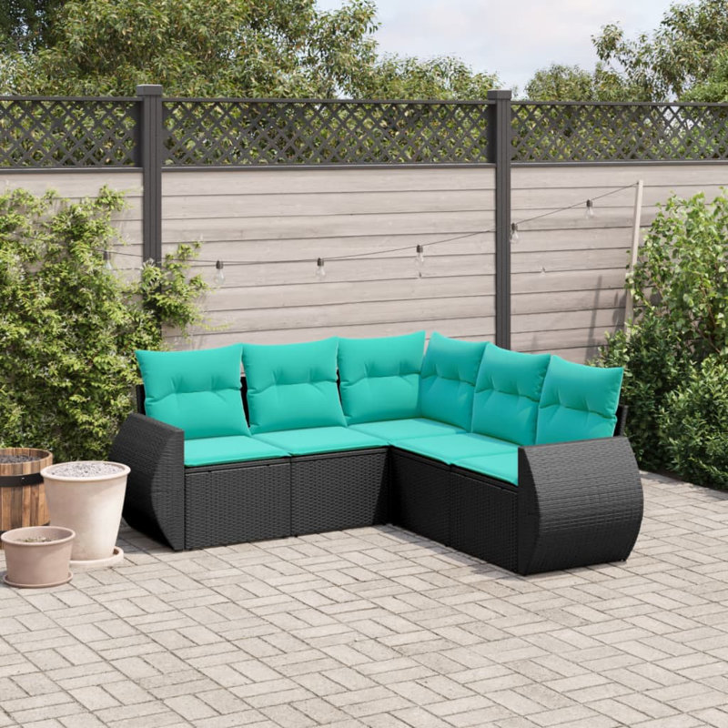  Ensemble de canapé de patio 5 pièces avec coussins en rotin de polyester noir