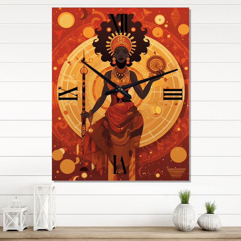 Graphique rétro déesse tribale africaine II - très grande horloge murale femme afro-américaine, H 32 po x l 16 po x P 1 po