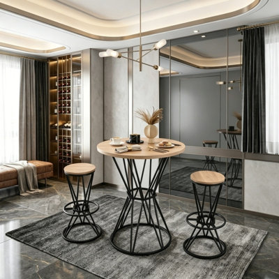 Industrial Bar Table and Chair Set, MDF Tabletop with Light Brown Wood Grain & Black Metal Frame, Ideal for Kitchen Island