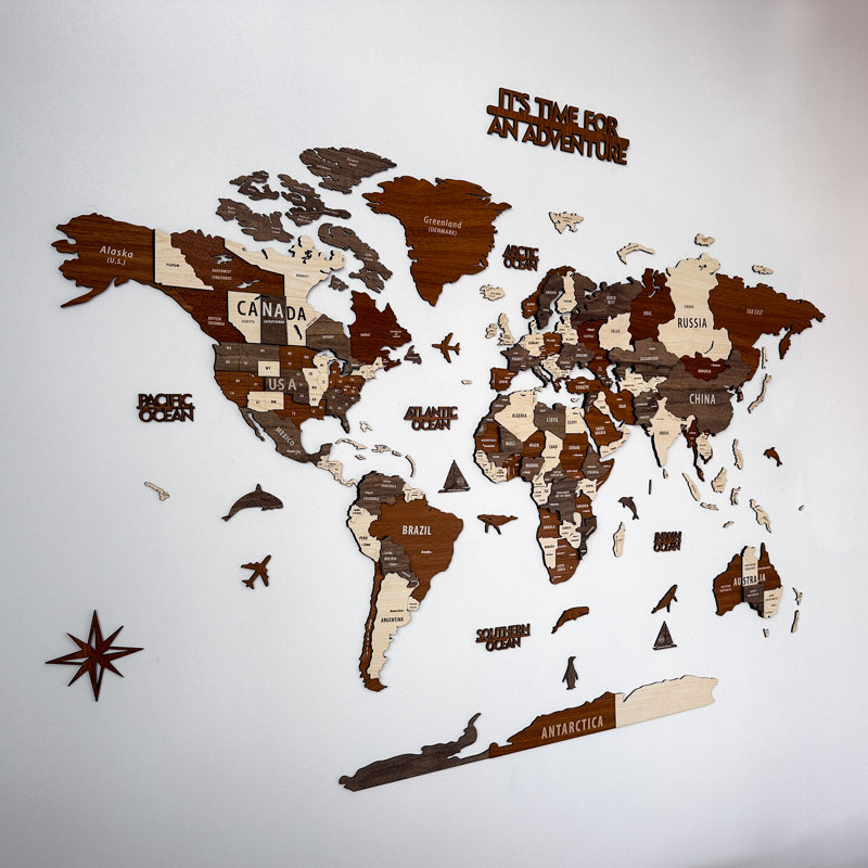3D Wooden World Map for Wall -  3D Wood Push Pin Map, 59.1" W x 31.5" H
