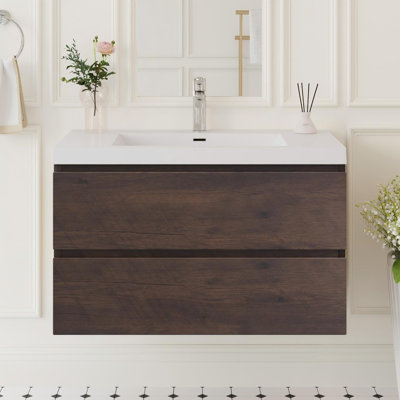 Meuble-lavabo mural moderne 36 po avec plateau en résine intégré, 2 tiroirs à fermeture en douceur, assemblage complet, bois de rose