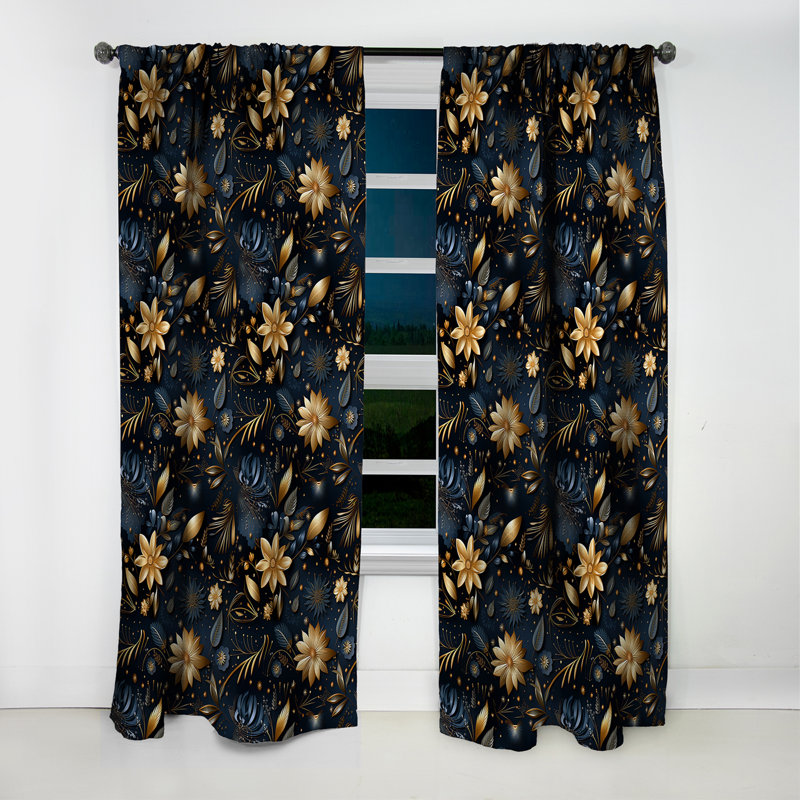 Motif de marbre bleu minuit et doré à motif floral - Rideau occultant en marbre abstrait - 1 panneau, L 52 po x L 120 po