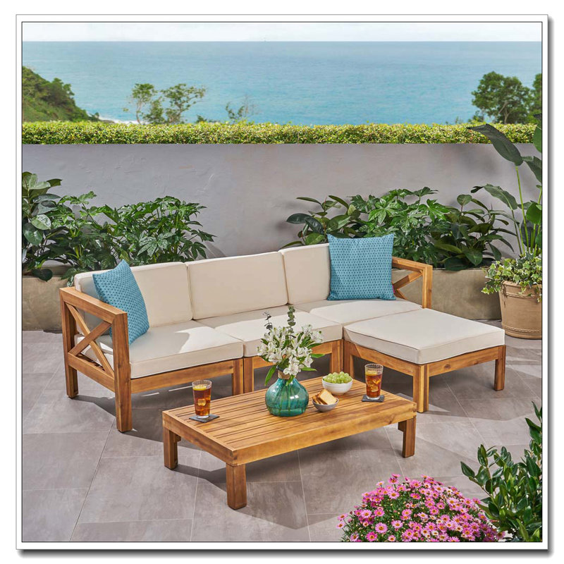 Ensemble de canapé d'extérieur en bois avec table basse, Beige, Bois brun
