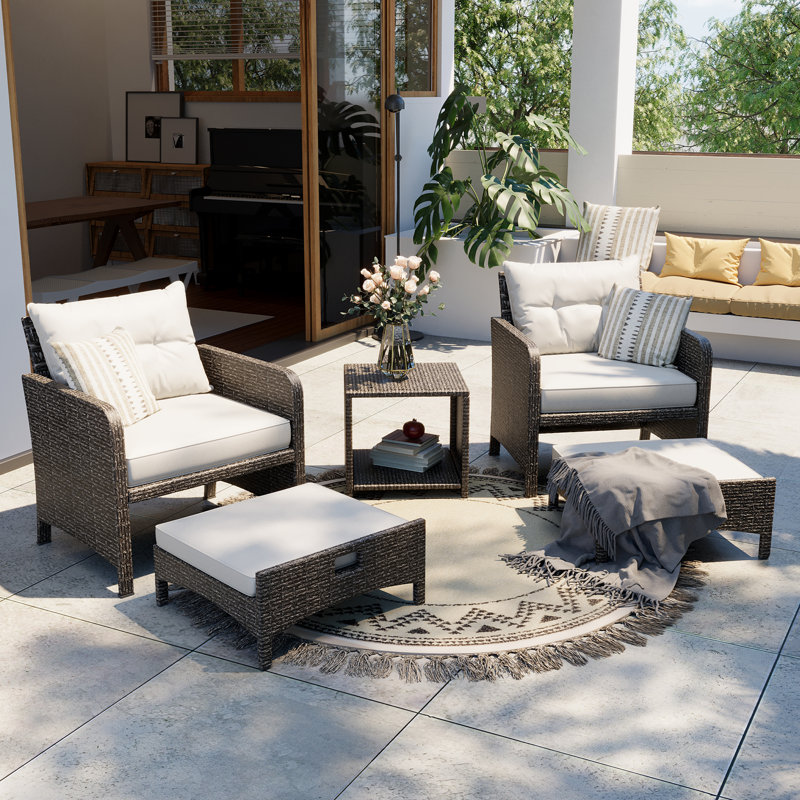 5-Piece Wicker Patio Conversation Set Outdoor Seating Group with Ottoman, Gray, Gray