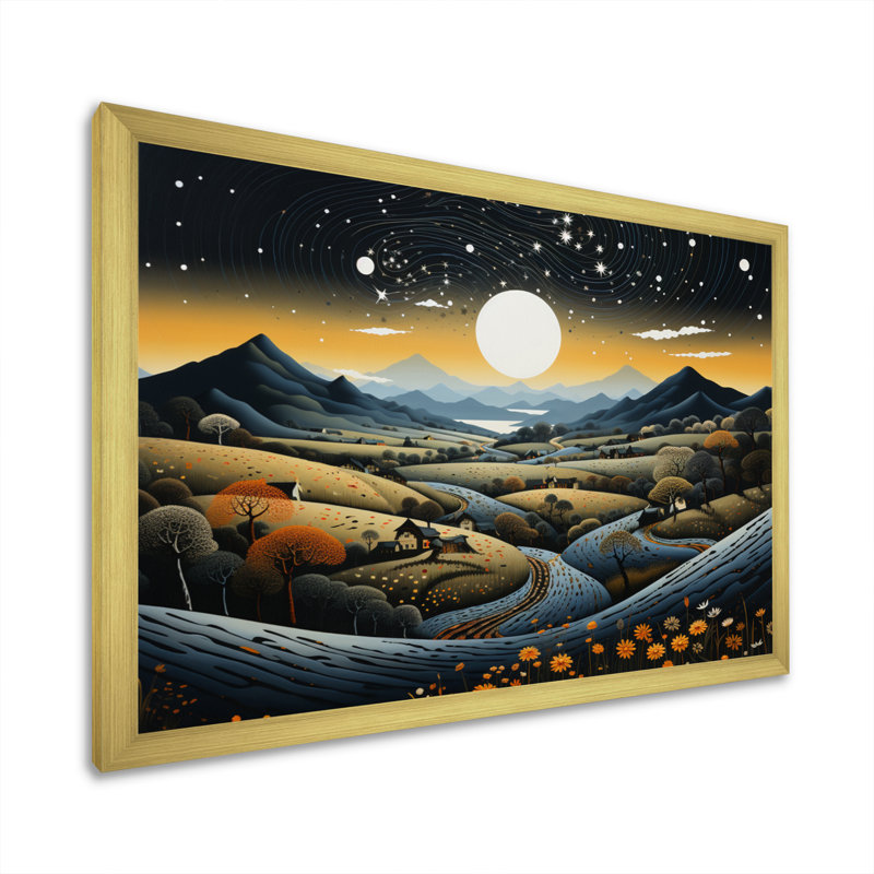 Bleu et or, paysage africain moderne V - art mural moderne sur toile, H 12 po x l 20 po x P 1 po, Encadrement doré