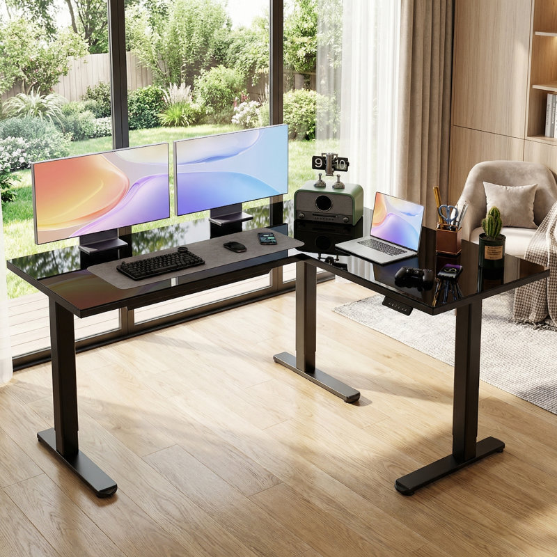 63" L-Shaped Adjustable Height Glass Standing Desk, Dual Motor Electric Corner Standing Desk With Drawers, Black