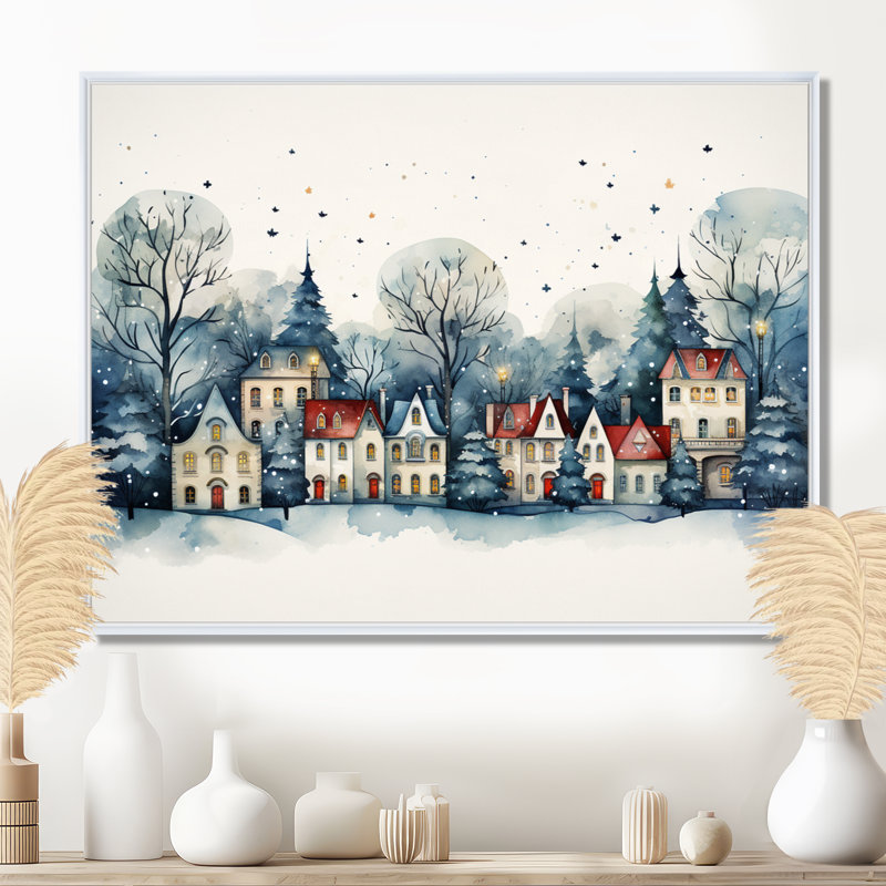 «Christmas Village In Winter I - Winter Landscape», art mural, Cadre flottant blanc, H 16 po x l 32 po x P 1 po