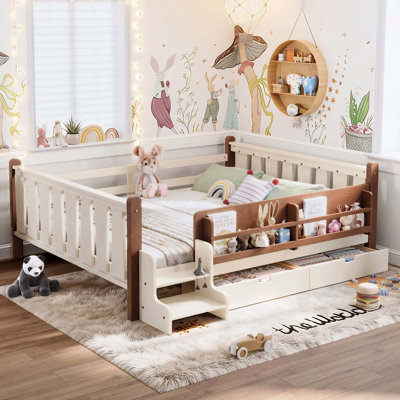 Grand lit en bois massif pour enfants avec bibliothèques de rangement, tiroirs, escaliers et garde-corps, aucun sommier nécessaire, beige