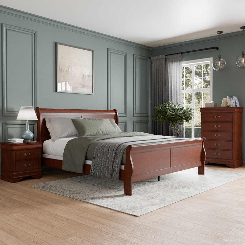 Ensemble de chambre à coucher Aberdeen, Brun, Simple, Ensemble de 3 pièces : lit, table de chevet, comm