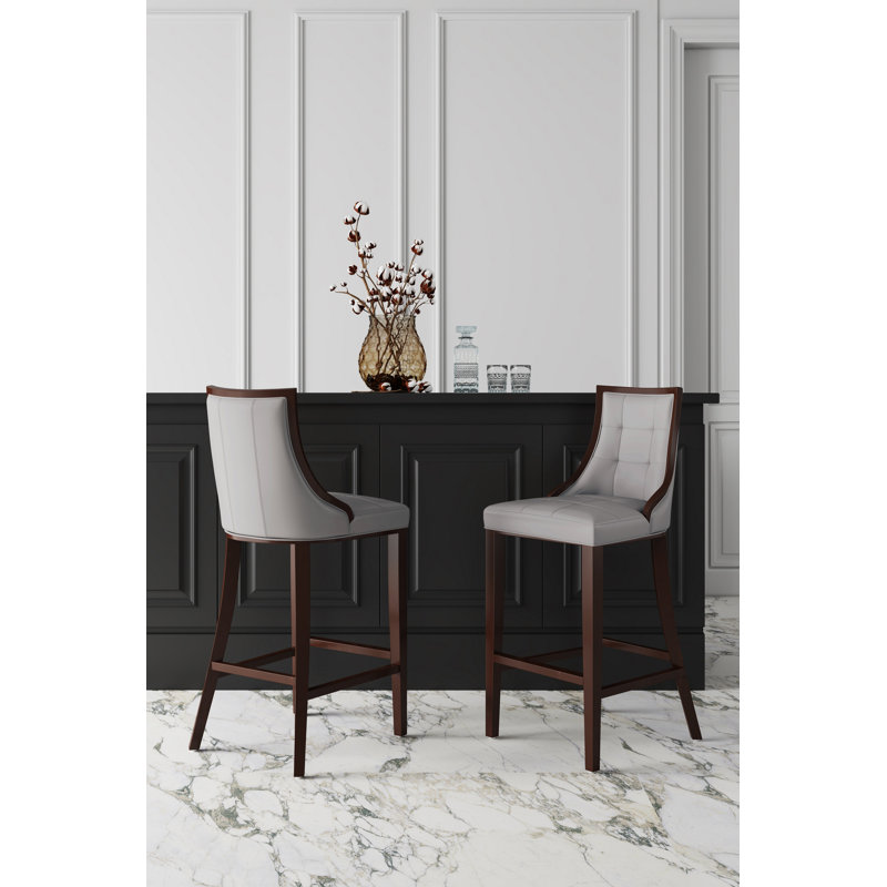 Fifth Avenue Traditional Vegan Leather Upholstered Beech Wood Bar Stool in Light Gray, Bar Stool (31.5" Seat Height)