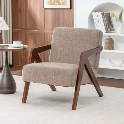 Fauteuil d'appoint moderne du milieu du siècle avec structure en bois, fauteuil de lecture rembourré en lin doux, idéal pour le salon et la chambre, facile à assembler