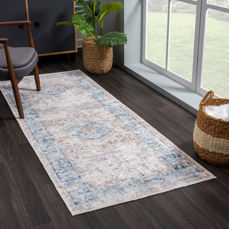 Tapis beige / bleu océan lavable antidérapant traditionnel , Tapis de couloir 2 pi 6 po x 7 pi