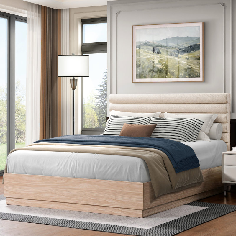Structure de grand lit pour chambre à coucher côtière classique, tête de lit en tissu Boucle, bois d'une capacité de 800 livres avec rembourrage, pieds centraux massifs