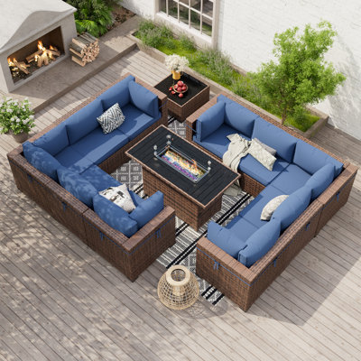 Babak Rattan Sectional Conversation Sets With Fire Pit Table, Coffee Table