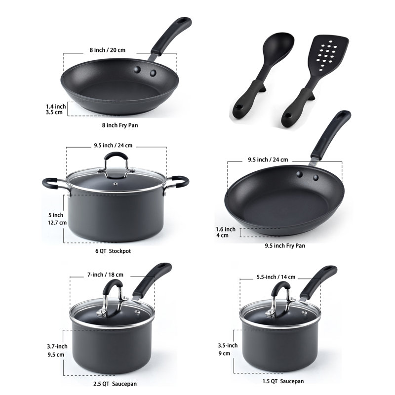 10-Piece Black Aluminum Nonstick Cookware Set with Stay-Cool Handles