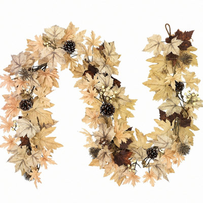 Artificial Fall Maple Leaf Garland, 70.8 Inch Cream Autumn Hanging Vine with Pine Cones and Berries, Harvest Decorative Greenery for Mantel, Arch, Wall, Stair Railings, Thanksgiving Home Decor