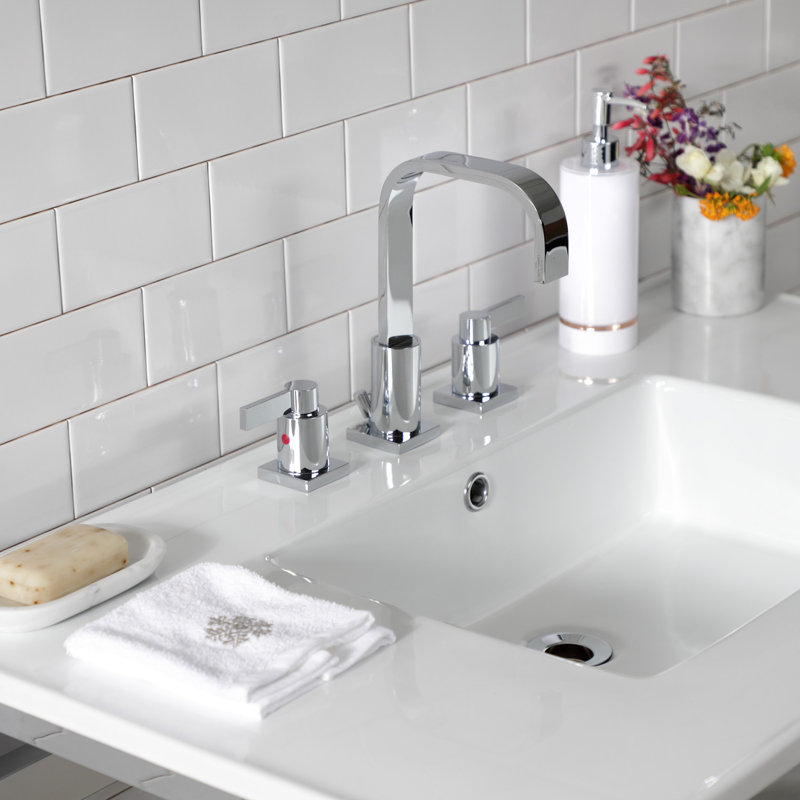 Lavabo de salle de bain rectangulaire en céramique avec trop-plein Quadras, Blanc / chrome poli