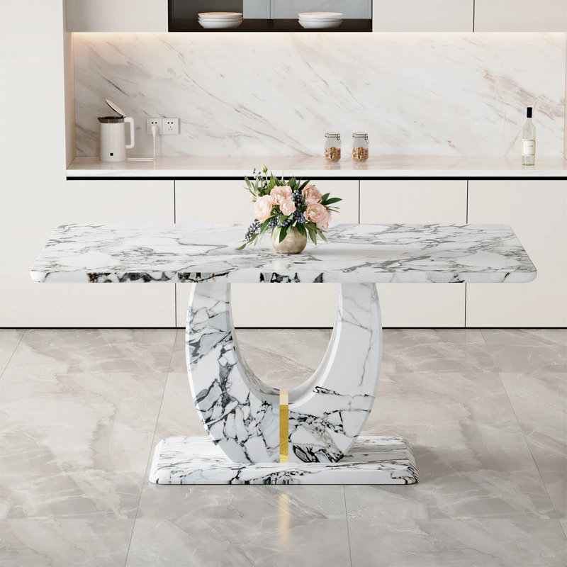 Kimara Modern Marble-vein Finish 60" Rectangular Table with U-shaped Base For Dining And Work, White/Gray/Gold