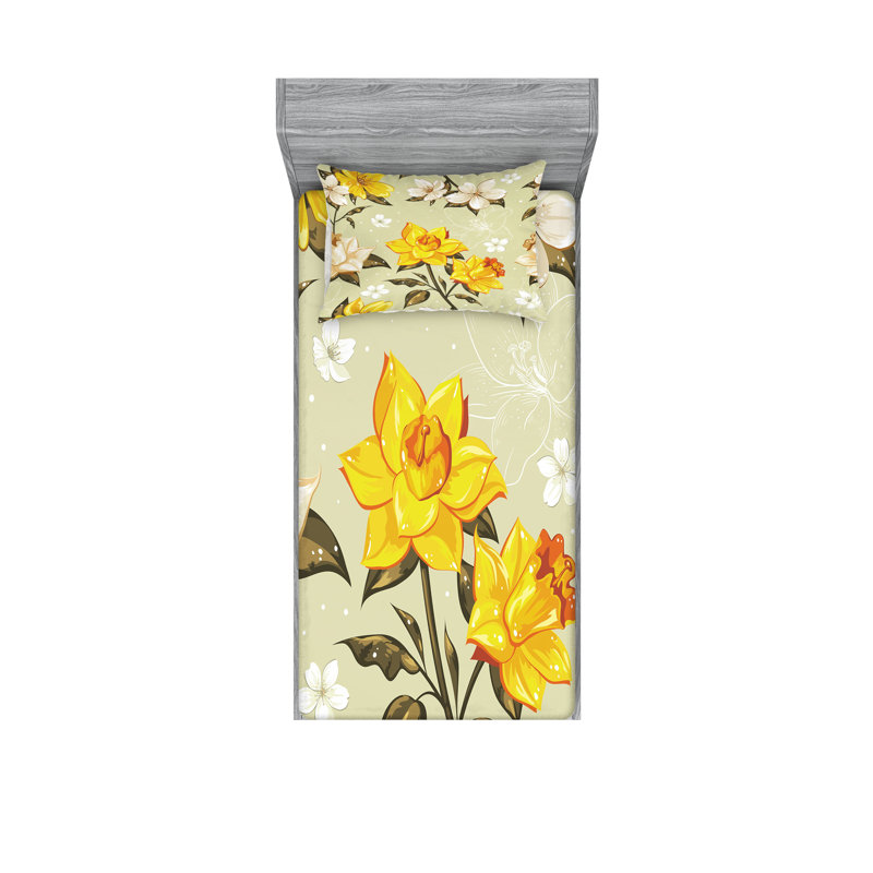 Drap-housse et coussin décoratif Ambesonne Spring, Ensemble de draps pour lit simple + 3 pièces supp