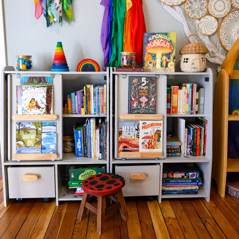 Kids Bookcase with Sliding Door and Drawer, Organizer Cabinet, Book Display
