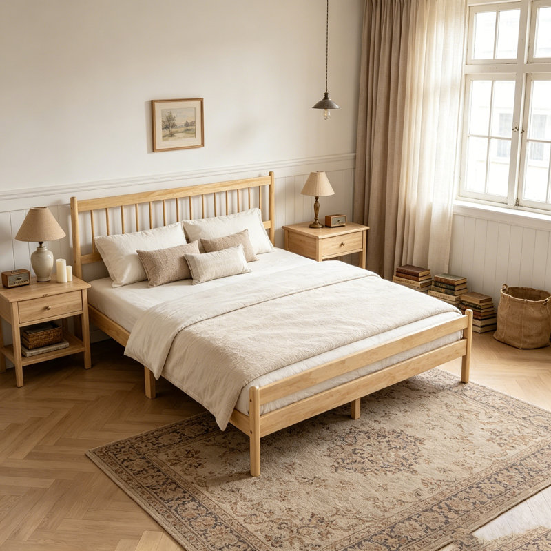 Lit de style traditionnel avec tête et pied de lit, structure en pin, stabilité accrue, Natural, Queen