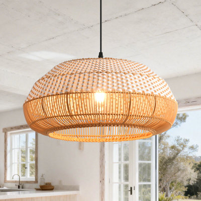 Rattan & Film Pendant Light, Mixed Materials Shade, Iron Frame, Adjustable Height, E27 Socket, 48 Cm Diameter, For Modern Rustic Interiors (Bulb Not Included)