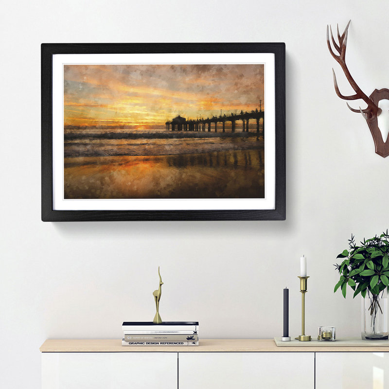 Sunset Behind the Pier - Picture Frame Painting Print, 62cm H x 87cm W x 2cm D, Black Framed