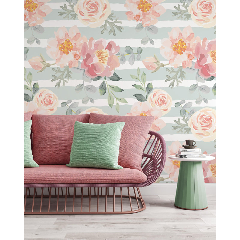 Papier peint amovible avec fleurs de pivoines roses pâles et feuilles grises, L 98,04 po x l 150 po